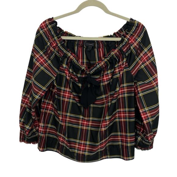 J Crew Tartan Plaid Off Shoulder Silk Top S - Picture 1 of 8